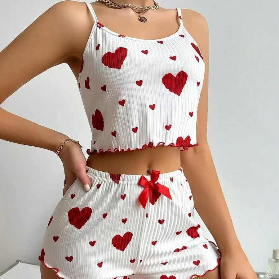 Womens Pajama Set 2Piece Short Tank Top and Shorts M L White Vent Soft Casual Love Printing w240819