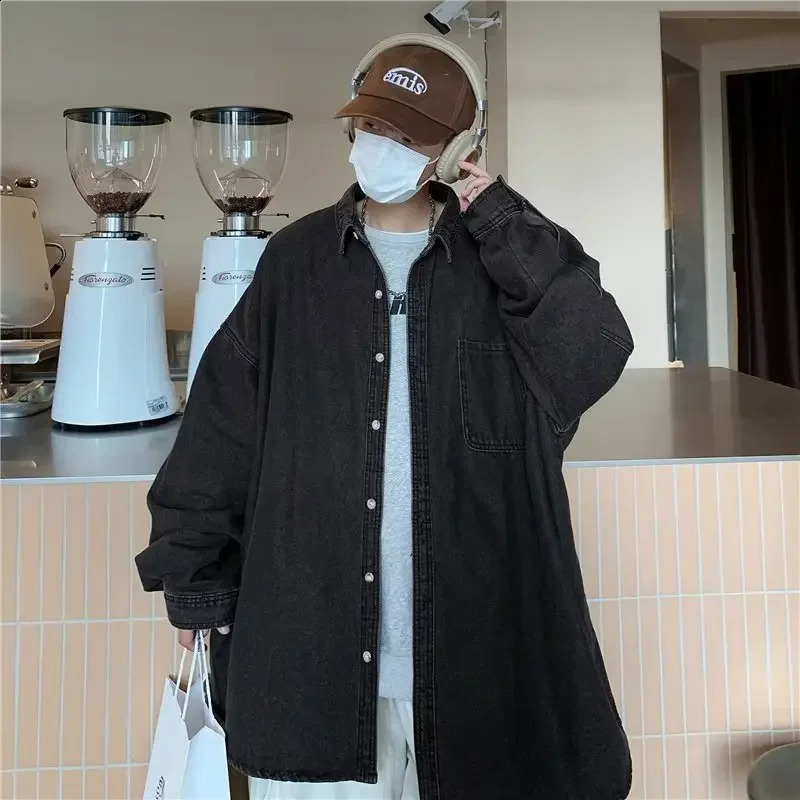 Unisex Denim Long Sleeve Shirt Oversize Autumn Loose Fit Japanese Style Casual Versatile City Jacket For Men Women 240816