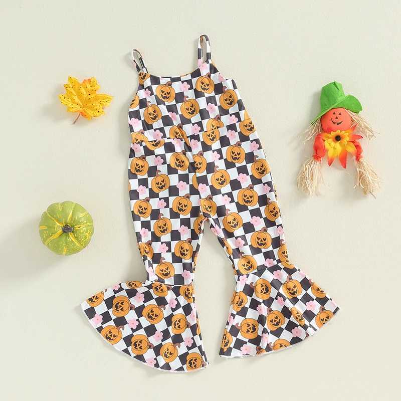 Preschool girl Halloween costume pumpkin bow print bell bottom jumpsuit sleeveless jumpsuit autumn costume 1-5T W240806