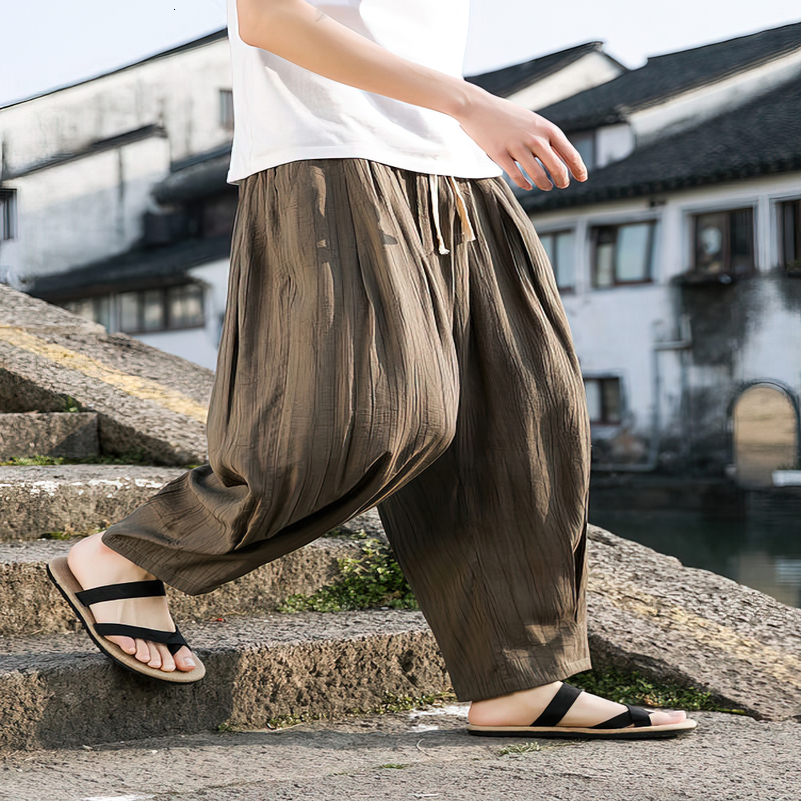 Ice Silk Casual Linen Pants Men Oversize Chinese Sport Overweight Sweatpants Baggy Wide leg Harem Trousers Male Bending Slacks 240816