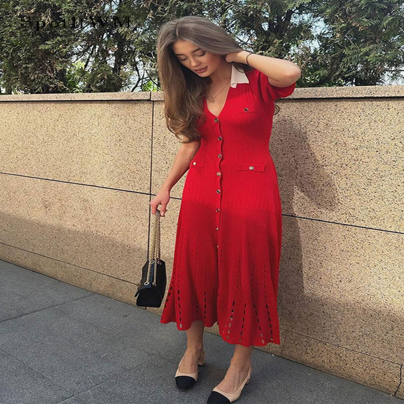 Contrast Single Breasted Knitted Dress For Women Elegant Lapel Short Sleeve Hollow Out Dresses Chic Female High Street Vestidos 240816