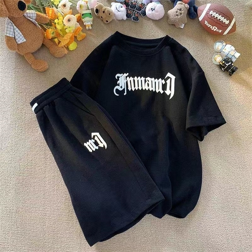 Summer Oversize Casual Fashion tracksuit Loose Jogging Waffle Suit Men Loose Short-sleeve tshirt Sports Shorts 2pcs Set Outfit 240816