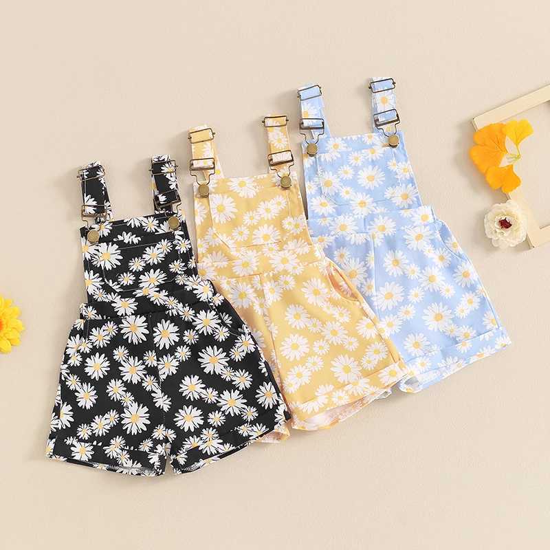 FOCUSNORM 0-6Y Summer Little Girl Full Body Shorts Casual Sunflower Printed Sleeveless Shoulder Strap Button Pocket jumpsuit W240806