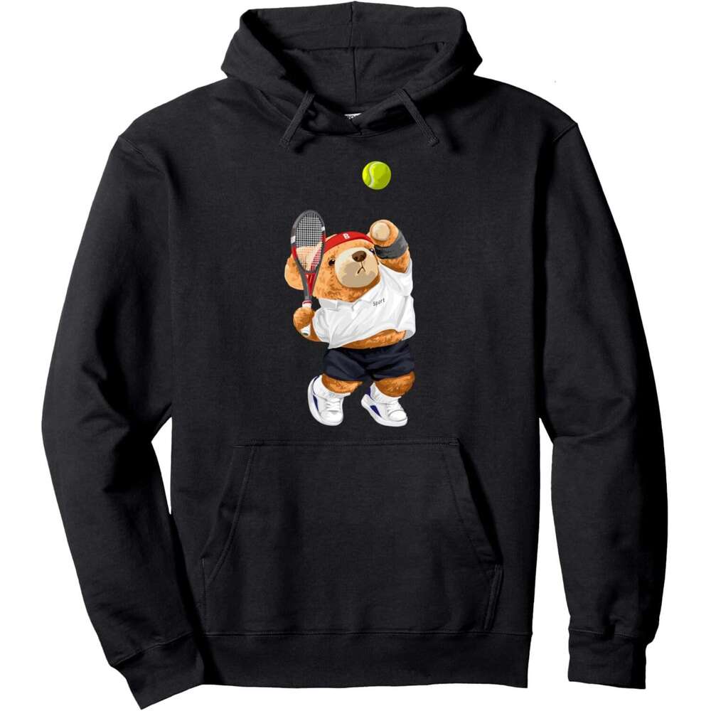 2025S Fashion Designer Hoodie For Mens Womens Cool Teddy Bear Playing Tennis Illustration Graphic Designs Pullover Hoodies Sweatshirt Pullover Jacket 