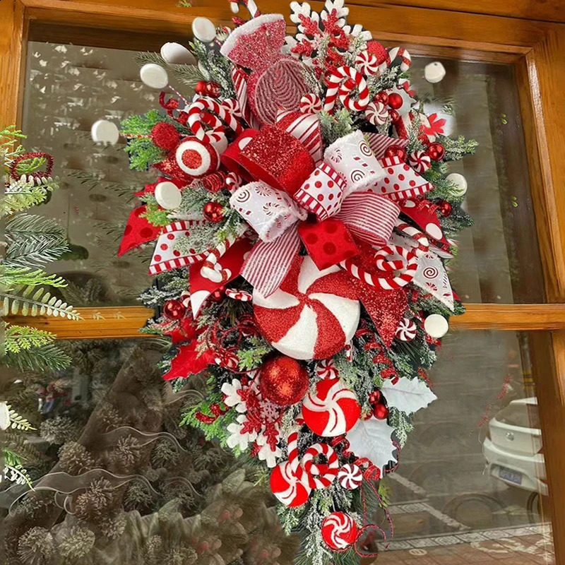 1 PCS Christmas Wreath Candy Upside Down Tree Garland Artificial Xmas Ornament Hpme Porch Window Door Wall Hanging Decoration 240925