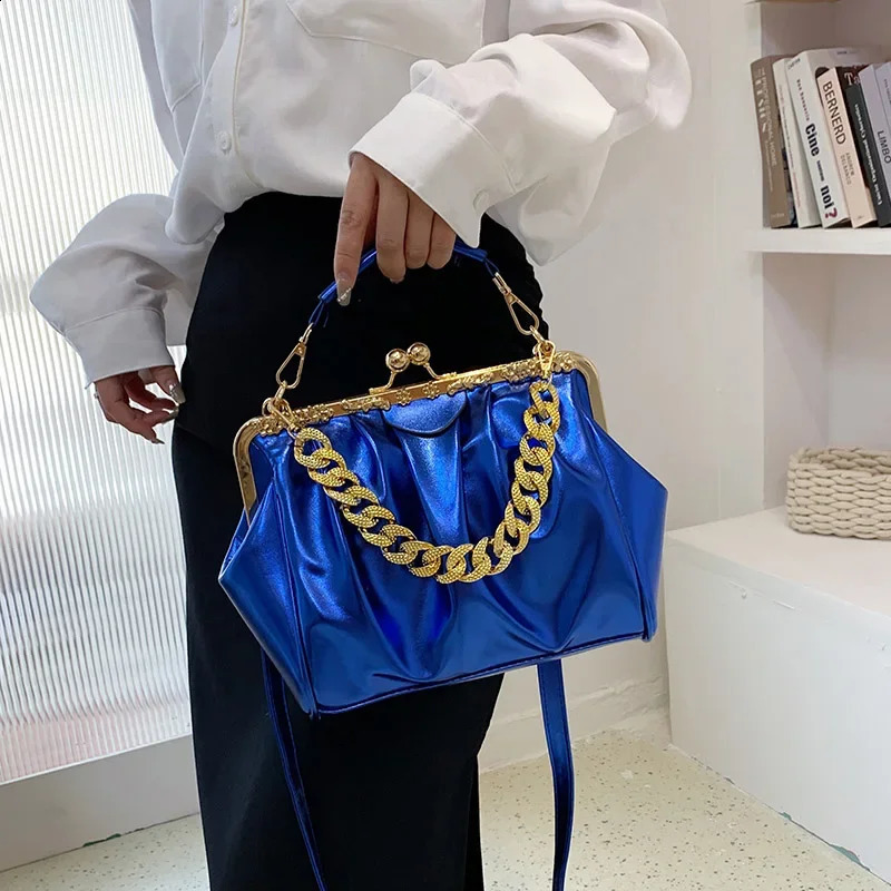 Womens Chain Shoulder Bag Kiss Lock Case Clip Womens Silver Blue Green Pu Leather Handbag and Wallet Friction Body Bag R250317