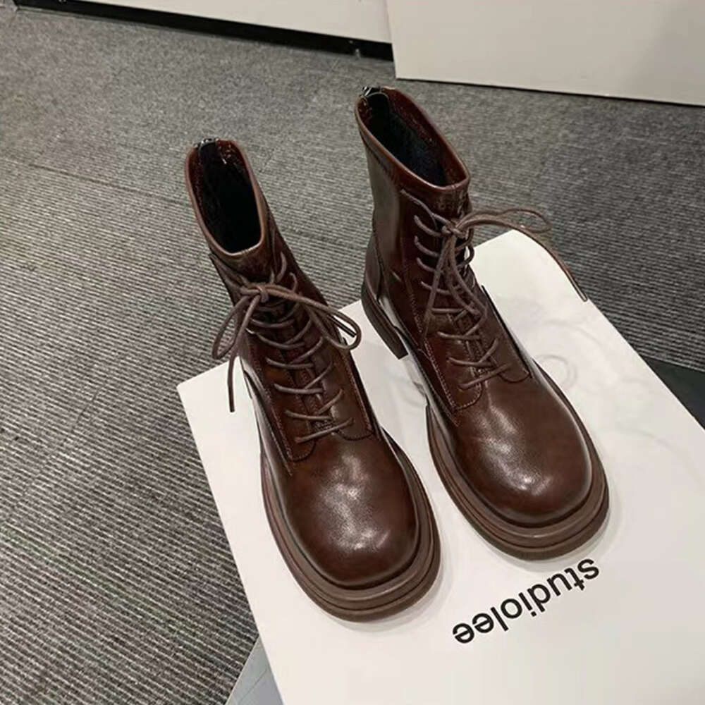 Ddmyoutdoor Grape Mom Round Ead Autumn Winter New Korean Edition Slim And Thick Eel For Women With Eightened Lace Up Martin Short Boots OUTDOOR