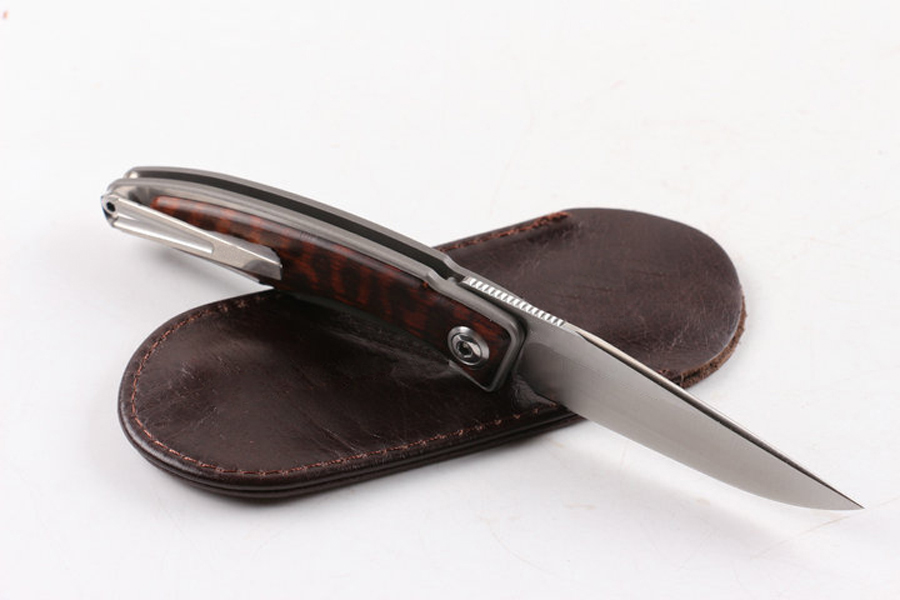 High End Real M390 Steel EDC Pocket Folding Knife Hand made Satin Blade TC4 Titanium Alloy Snakewood Handle with Leather Sheath