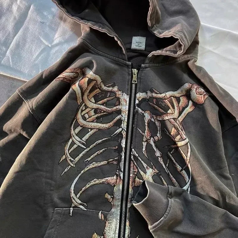 Sweatshirts for Man Hip Hop Full Zip Up Mens Clothing Hooded Punk Emo Skeleton Graphic Rock Aesthetic Hoodies Sweat Shirt 240816