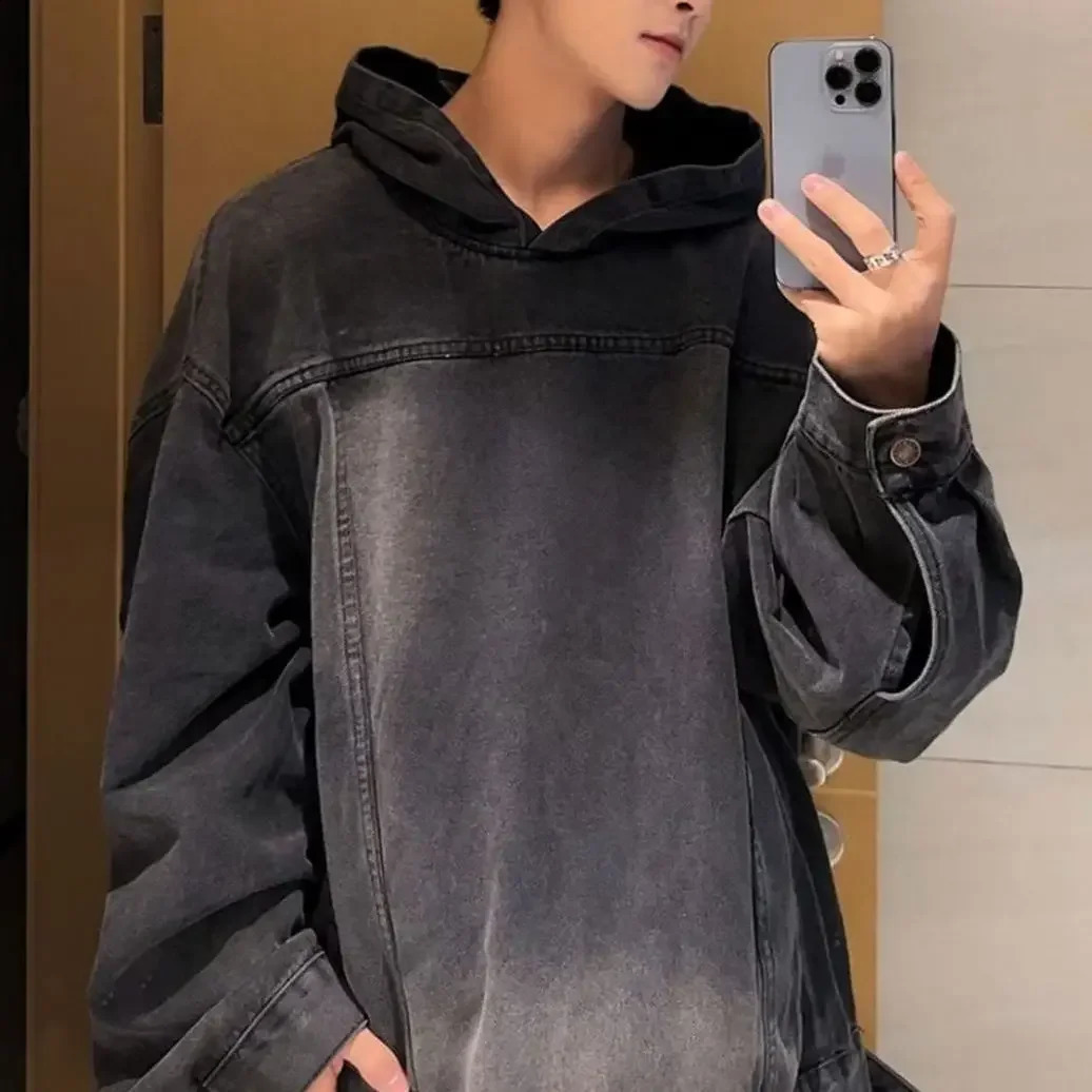 Early Autumn Denim Jacket For Men Paris Washing Vintage Weekend Jacket Trendy Casual Loose Fit Hooded Sweatshirt 240819