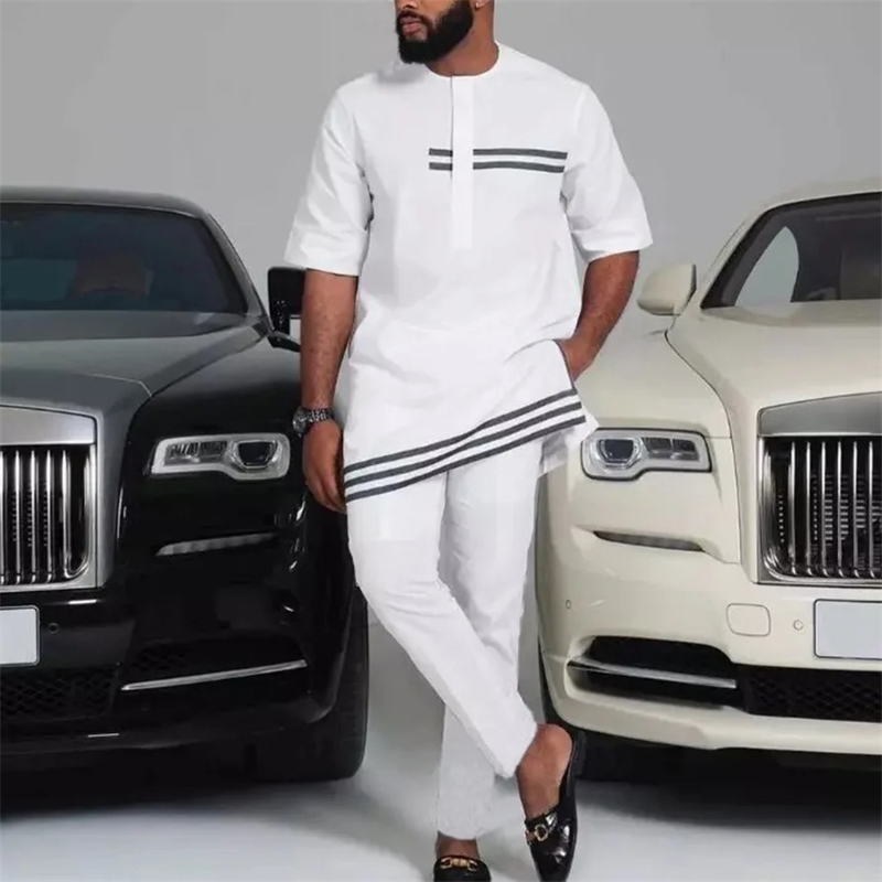 Abaya Men Striped Round-neck Long-sleeved Casual and Simple Suit Sets Traditional Clothing in Arabia Turkey and The Middle East 240816