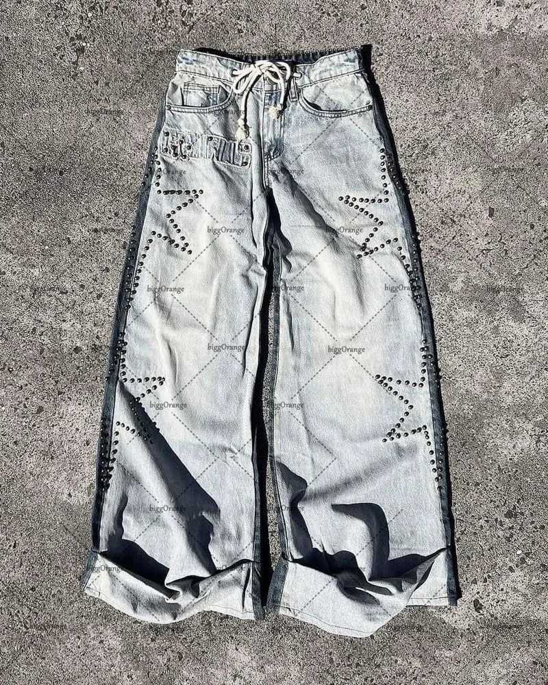 American Style Star Diamond Jeans Mens Y2K High Street Fashion Retro Trousers Casual Loose Wide-leg Pants 240815