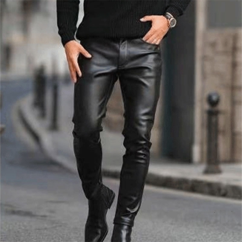 Mens PU Leather Pants Business Casual Plain Slim Fit Pocket Pencil Pants 240816