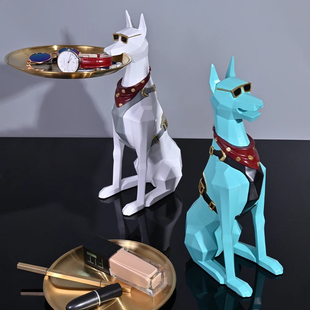 Resin Art Dog Statue Butler with Tray for Keys Jewelry Holder Doberman Pinscher Sculptures Living Room Decoration Table Ornament 241105