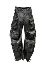 Solid Loose Spliced Pockets Streetwear Pant For Women High Waist Patchwoek Zippers Pu Leather Trousers Female Autumn Clothes 240816