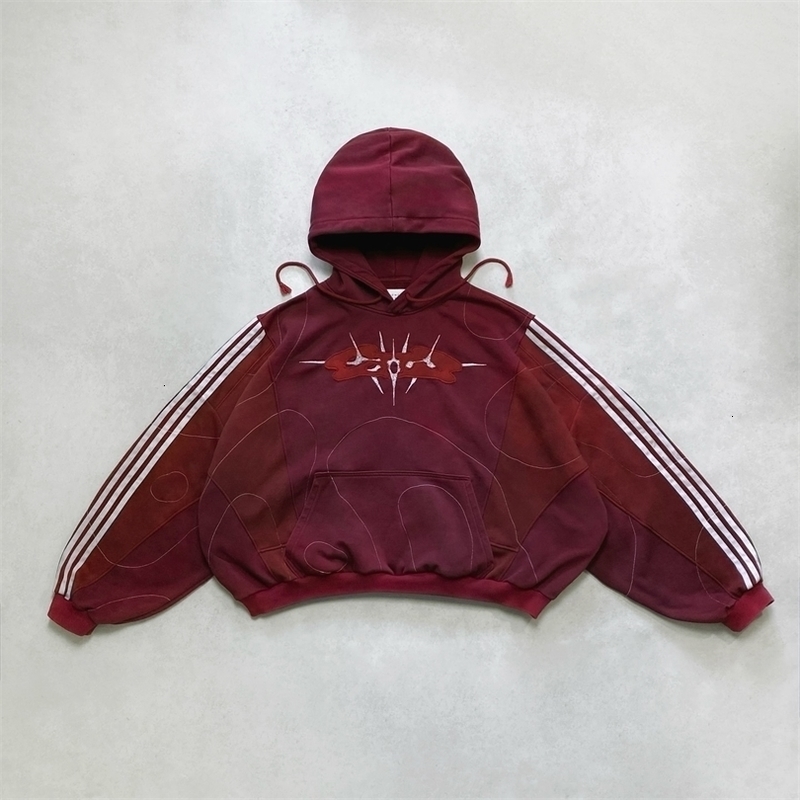 Womens retro cherry hoodie fashionable streetwear Y2k Gothic pattern embroidered zipper oversized patch work sweater mens clothing 240816