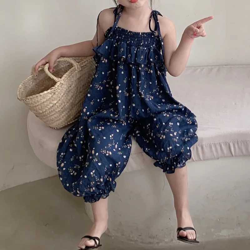 Summer girls floral print pendant jumpsuit childrens Trouser tight fitting casual jumpsuit lace top jumpsuit loose bud pants 3-8T W240806