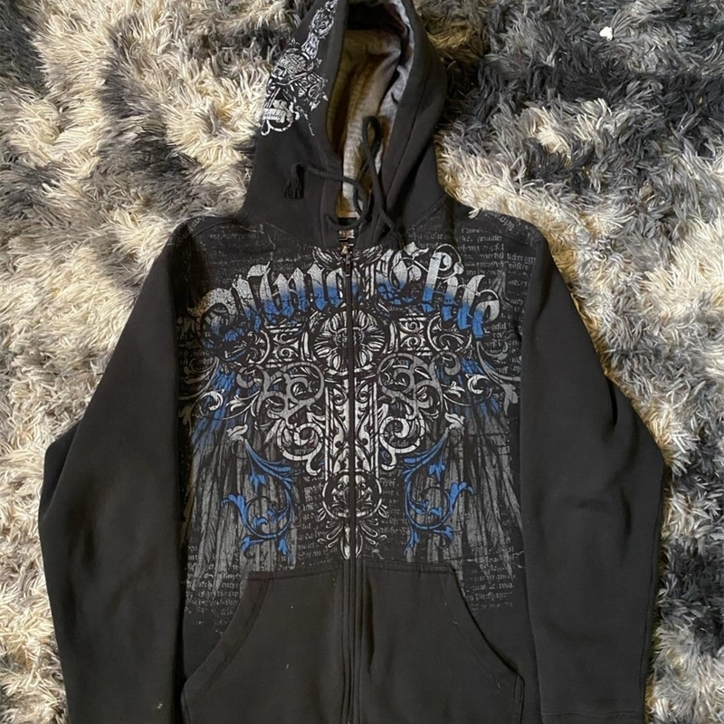 Womens Hoodie Y2K Cyber Grunge Emo Zip Up Sportswear Retro Graphic Printing Kpop Fashion Gothic Womens Wear 240819