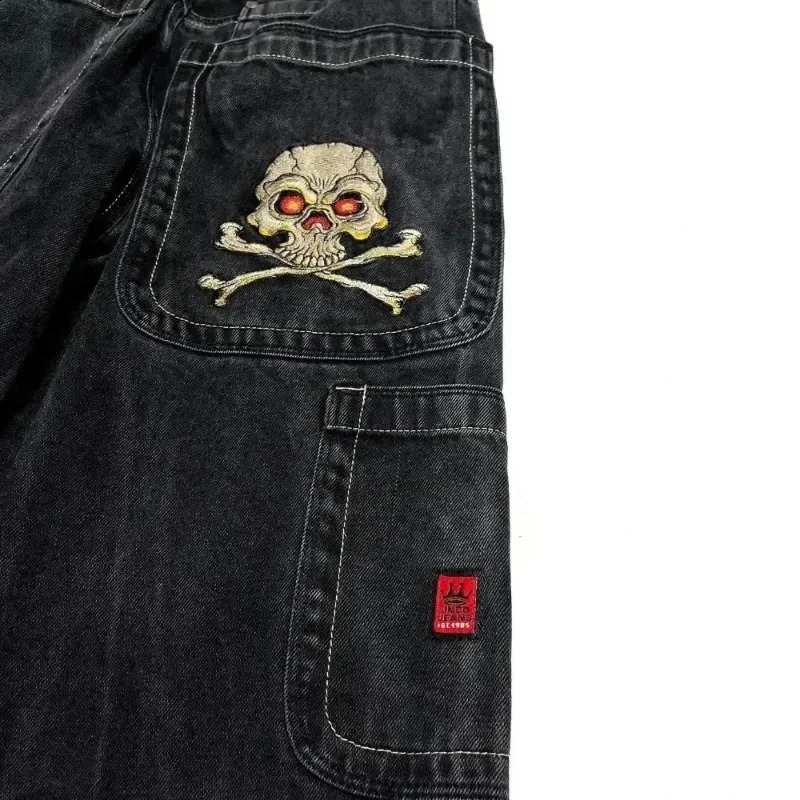 Retro skull pattern embroidered loose jeans 2024 JNCO jeans Y2K Harajuku black pants mens and womens Gothic high waisted pants 240819