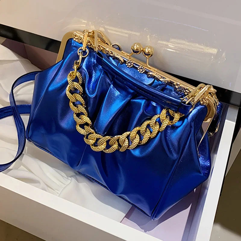Womens Chain Shoulder Bag Kiss Lock Case Clip Womens Silver Blue Green Pu Leather Handbag and Wallet Friction Body Bag R250317