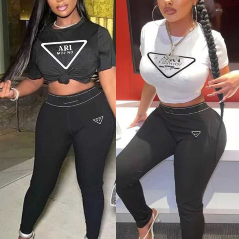 Womens Designer Tracksuits Casual 2 Two Piece Set Summer Fashion Round Neck Short Sleeve T-shirts Leisure Tshirt Top Tight Pants Sets