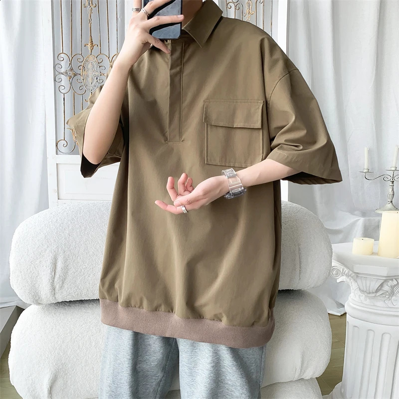 Summer Mens Oversized Polo Shirt Cotton Turn Down Collar Harajuku Vintage Short Sleeve Casual Tops Tees i240819