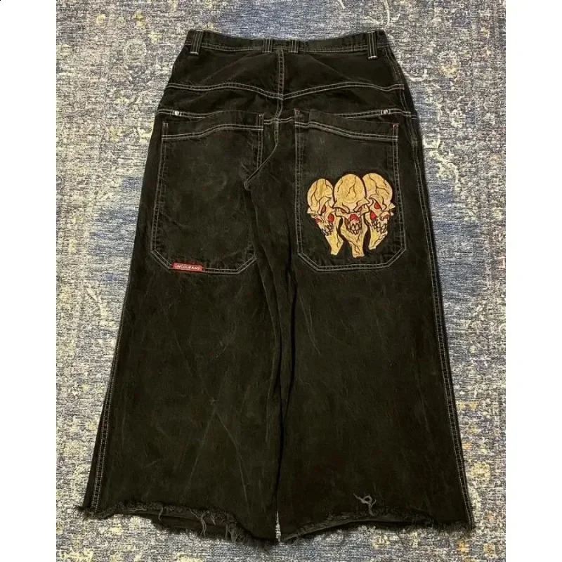 Retro skull pattern embroidered loose jeans 2024 JNCO jeans Y2K Harajuku black pants mens and womens Gothic high waisted pants 240819