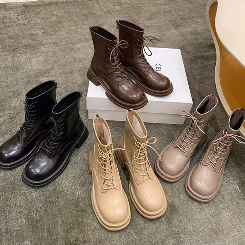 Ddmyoutdoor Grape Mom Round Ead Autumn Winter New Korean Edition Slim And Thick Eel For Women With Eightened Lace Up Martin Short Boots OUTDOOR
