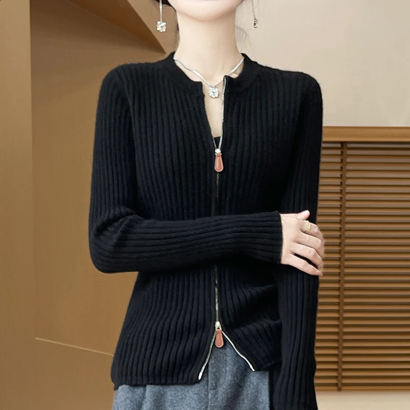 Womens Cardigan Autumn/Winter 100% Pure Wool Sweater Thickened Casual Zipper Knitted Clothes Round Neck Fit Tops Basic Blouse 240824