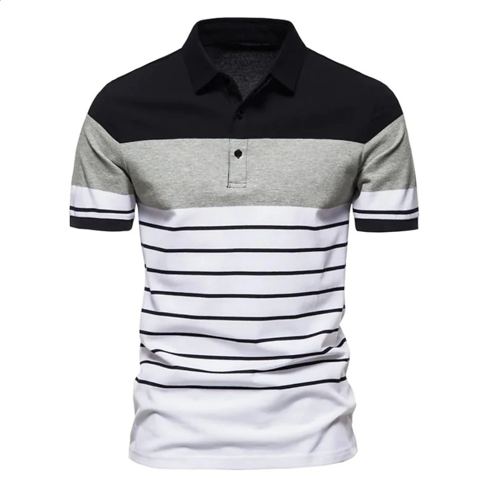 Business Casual Mens Polo T Shirt Simple Stripes Print Summer Short-Sleeve Polo Shirt Fashion Street Wear Oversized Clothes 240816