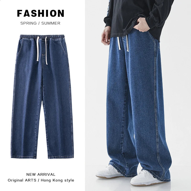 Oversized Wide Leg Jeans Mens Spring Summer Trend Ins Straight Loose Elastic Waist Casual Streetwear Baggy Trousers Male 240816