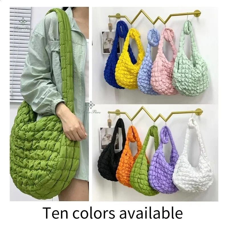 Y2K Style Casual Ruched Oversized Women Shoulder Bags Quilted Padded Crossbody Bag Large Capacity Nylon Tote Big Shopper Purses 240819