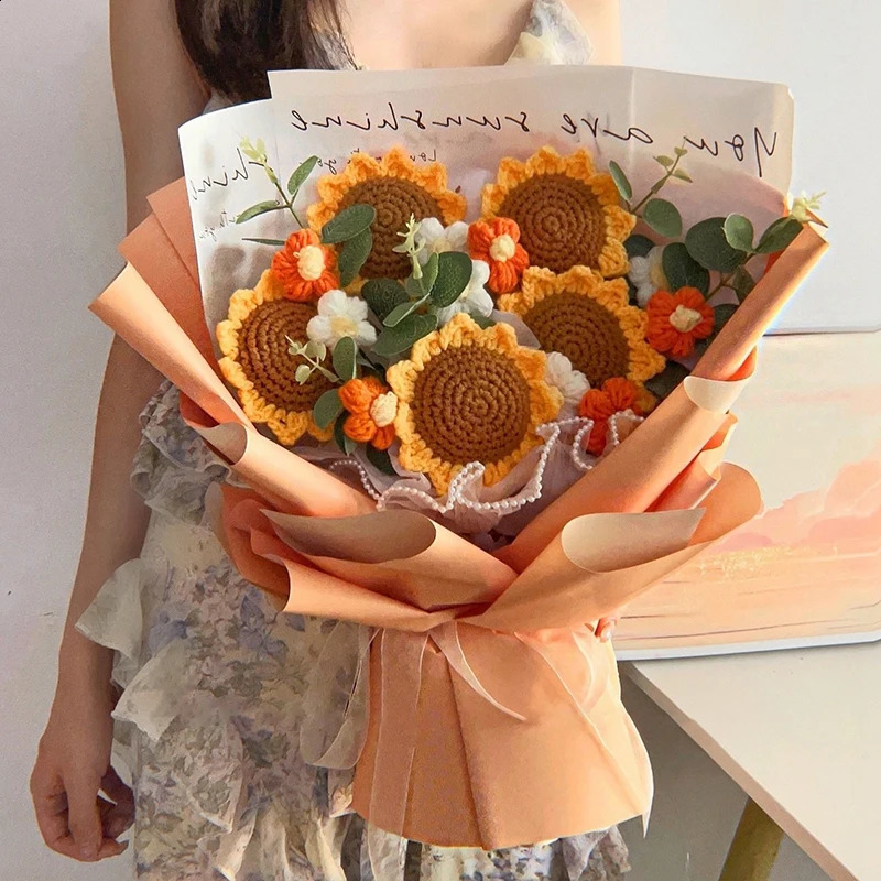 Finished Crochet Flowers Bouquet Handmade SunFlower Bouquet Valentines Gift Wedding Decor Knitted Flower Bouquet with Gift Bag 240819