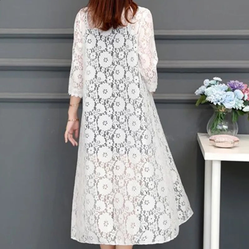 Women Lace Cardigan Mid-length Summer Mesh Shawl Loose Over-the-knee Sun Protection Clothing Women Shirt Outerwear 240819