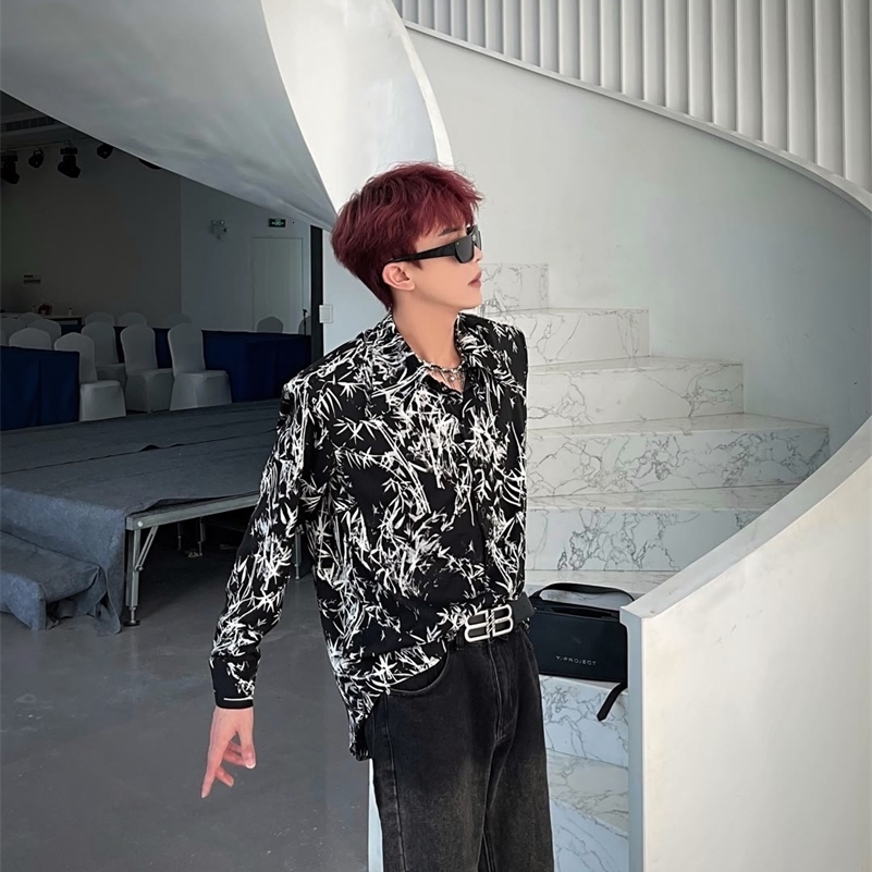Mens Chinese Style Shirts Abstraction Cool Long Sleeved Summer Trendy Handsome Loose Fitting Ice Silk Flower Tops 240816