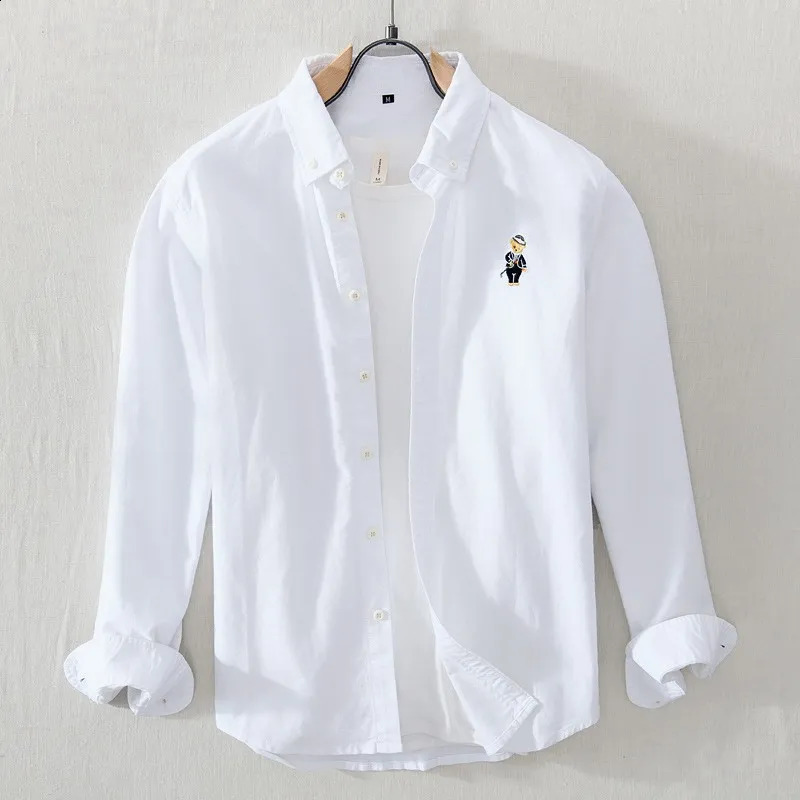 High Quality 100% Cotton Japanese Solid Color Casual Long Sleeved Shirt Little Bear Embroidery Fit Shirt Jacket GZ10