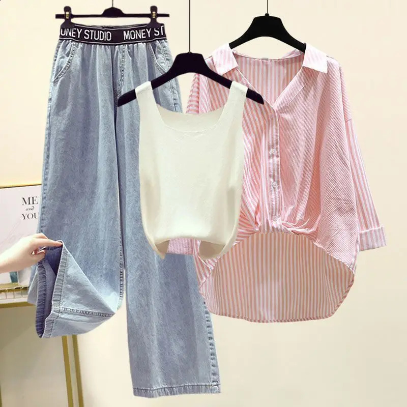 2024 Summer Womens Clothing Set Womens Casual Loose Shirt Tank Top Wide Leg Denim Pants 3-Piece Set Fashion Letter Jeans Shirt 240819