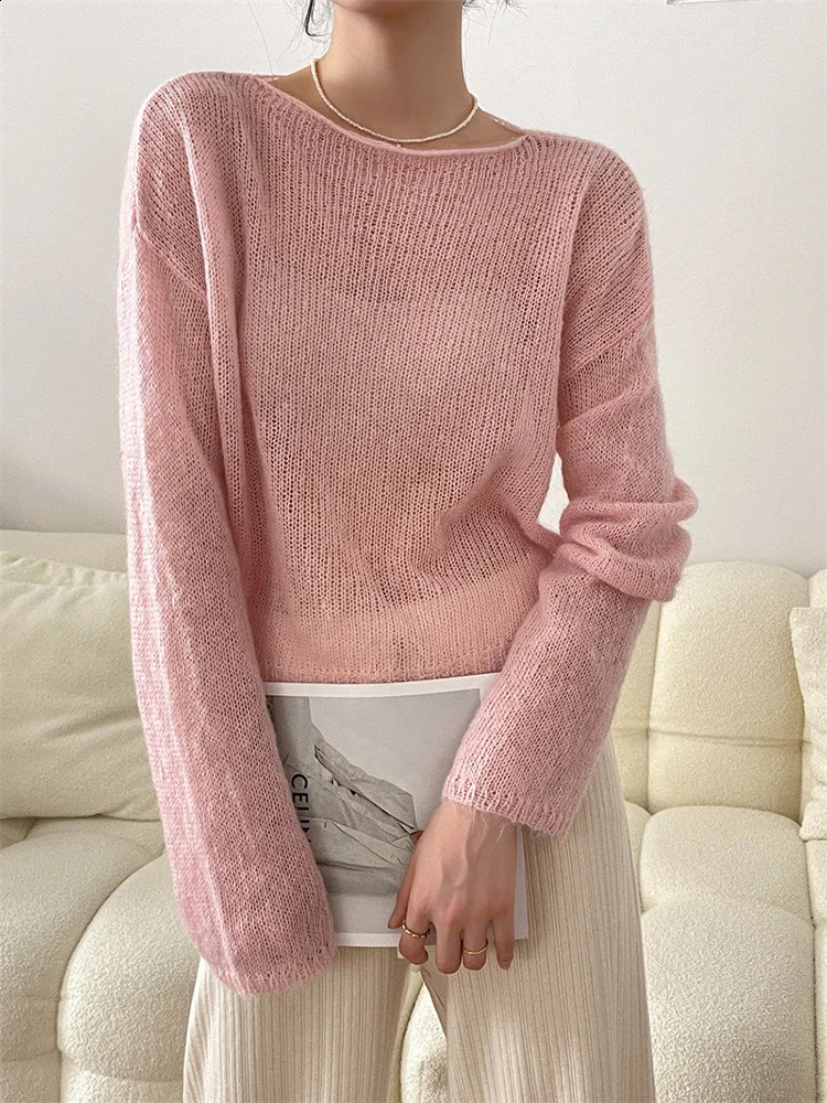 Lamb thin knitted sweater womens long sleeved solid color transparent pullout fashionable top springsummer 2R4360 240819