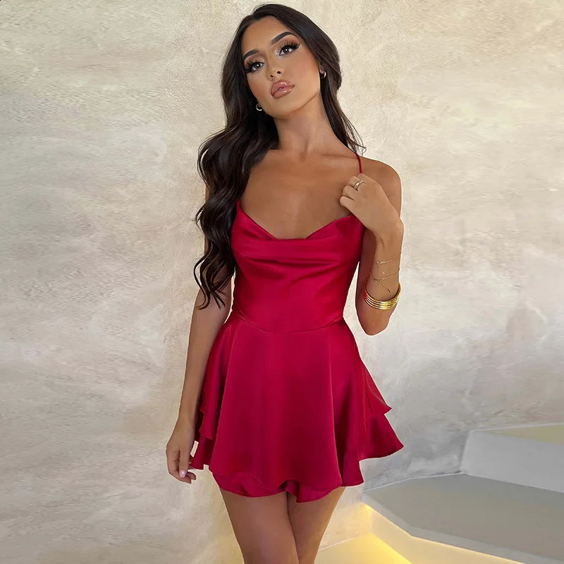 Sling Satin Halter Strap A Pendant Dress Sexy Elegant Lady Style Short Skirt Summer Female Club Party Vestidos 240816