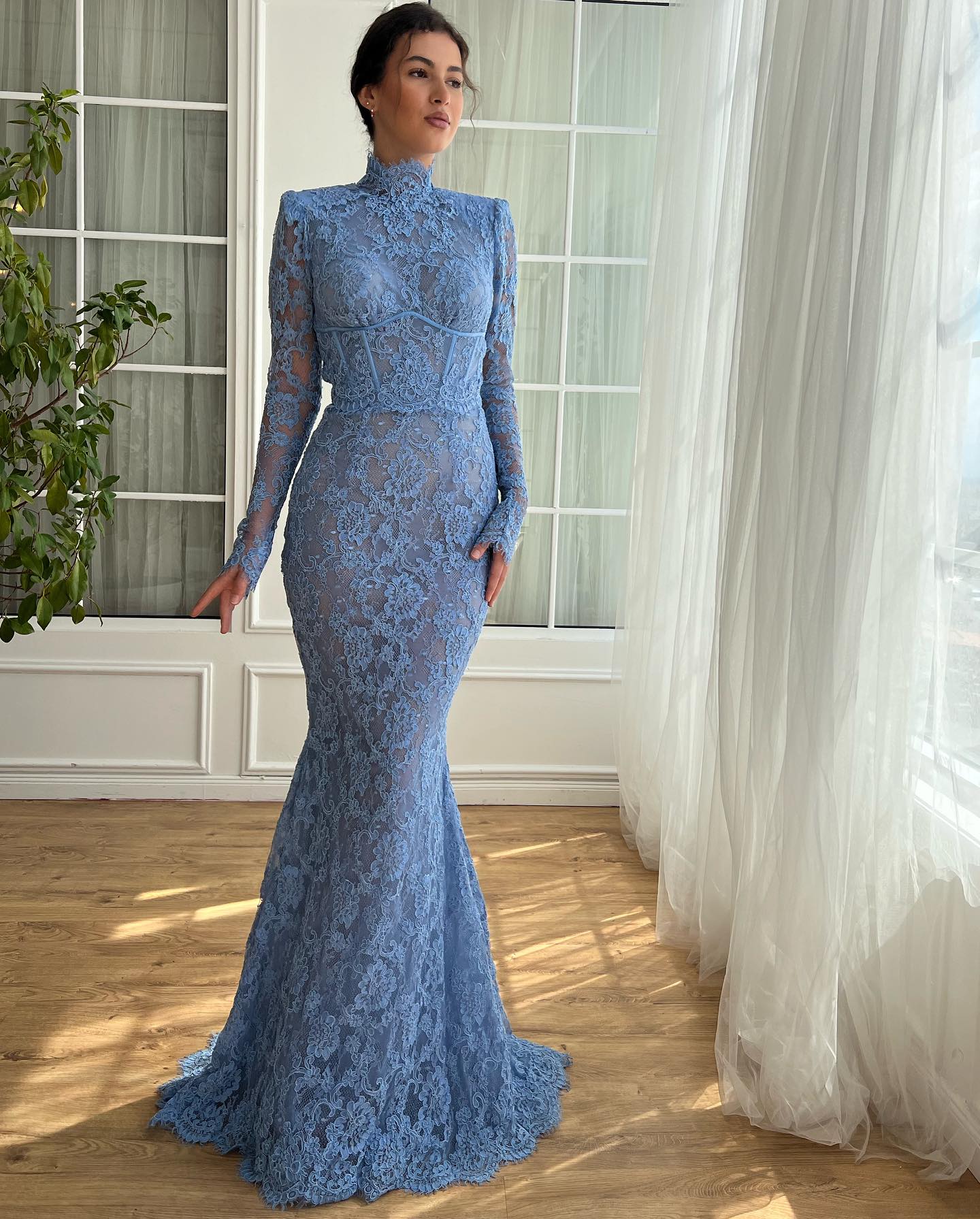 Elegant Arabic Lace Evening Dresses With Long Sleeves Prom Gowns Mermaid High Necke Or Length Muslim Formal Wear 0218