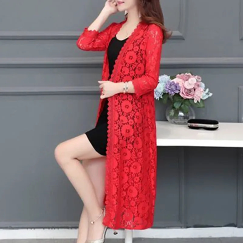 Women Lace Cardigan Mid-length Summer Mesh Shawl Loose Over-the-knee Sun Protection Clothing Women Shirt Outerwear 240819