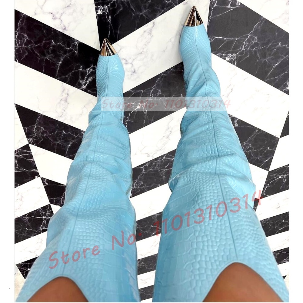 Pointy Toe Croc Long Women Sexy Leather Splicing Gold Thick Heels Zipper Boots Ladies Winter Thigh High Shoes