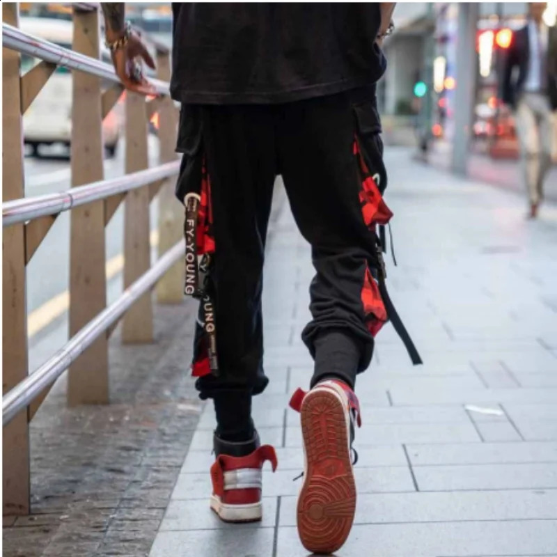 Mens Cargo Pants Casual Hip Hop Hit Color Multiple Pockets Trousers Streetwear Ribbons 240819