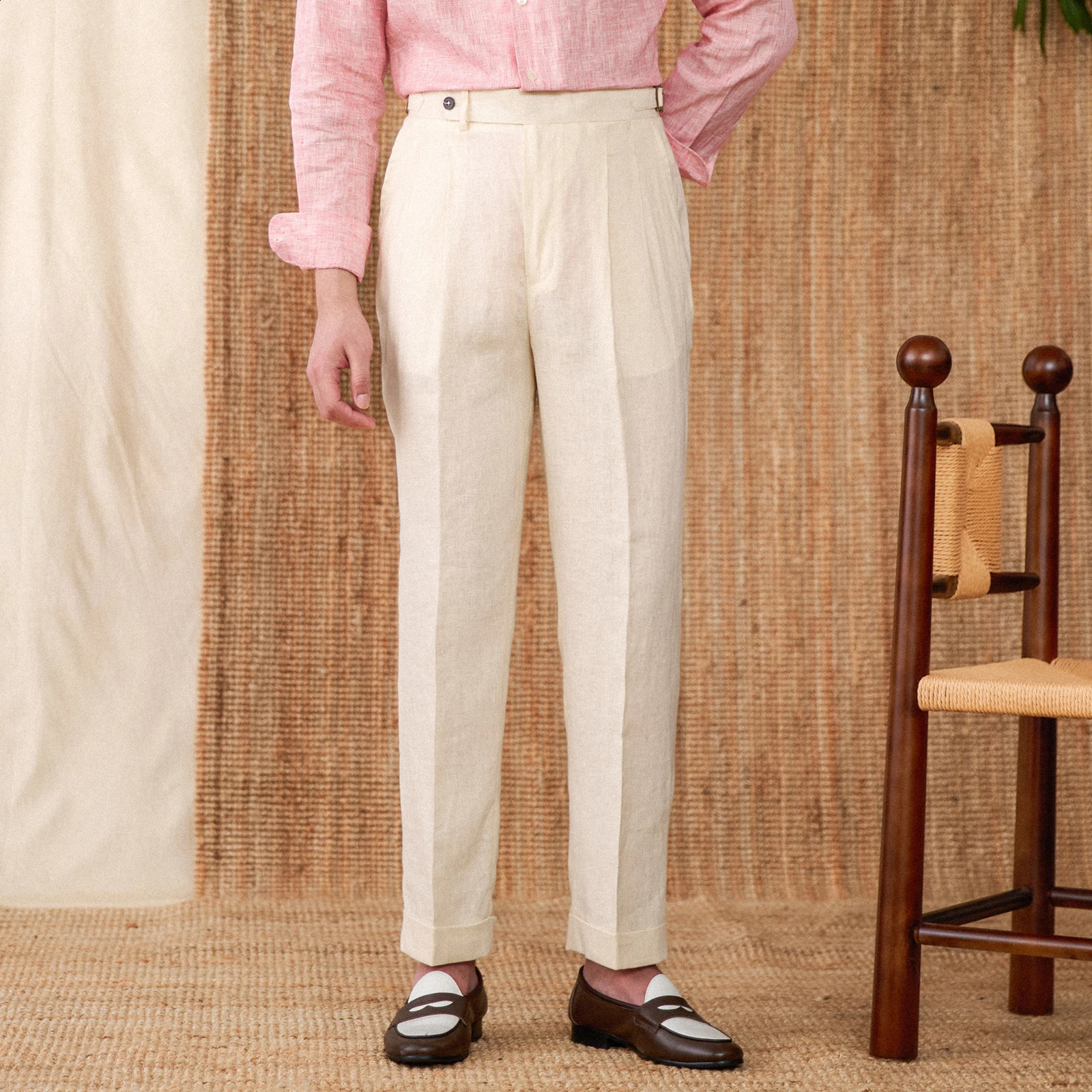Commercial style Naples breathable 100% linen mens casual double pleated high waisted straight fashion suit pants 240828