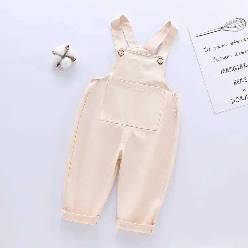 Summer New Large Pocket Childrens Cotton Overalls Baby Boy and Girl Universal Casual Jeans Fashion Childrens Solid jumpsuit W241227