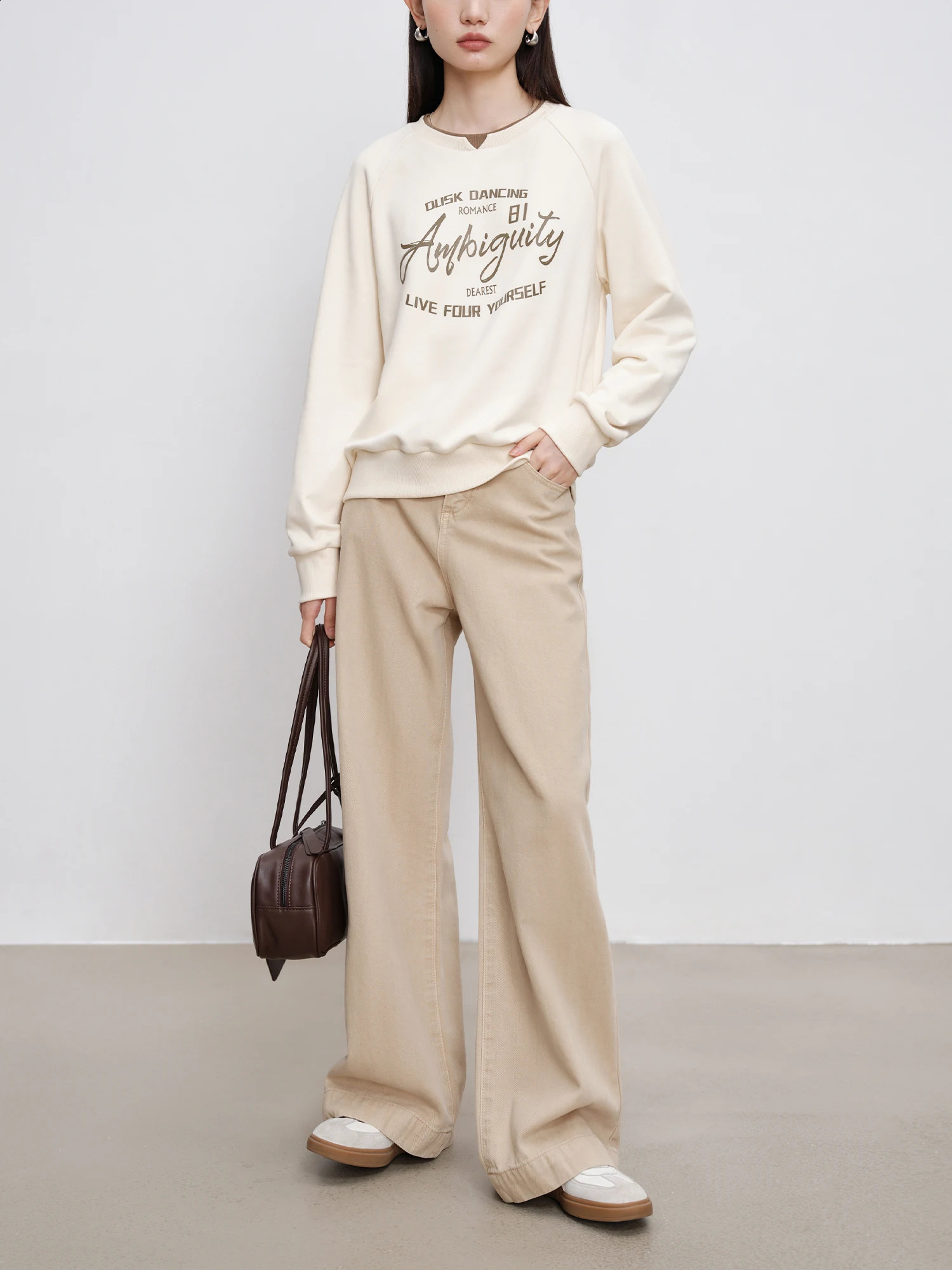 ZIQIAO Womens Sportswear Retro Letter Printed Round Neck Raglan Sleeves Casual Top Autumn Cotton 24ZQ93256 240814