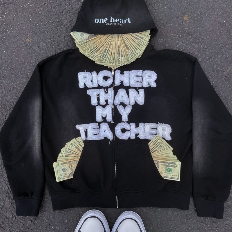 Y2k retro fashion letter embroidery loose hoodie street couple oversized zipper patch work sweater mens wear 240816