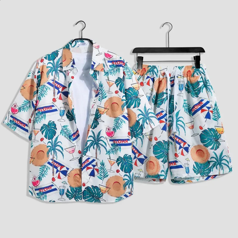 Mens Fashion Print Sets Short Sleeve ShirtShorts 2Pcs Suit Loose 2024 Summer Casual Beachwear Male Vacation Hawaiian Outfits 240816