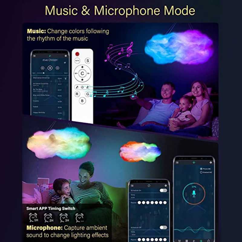 3D Cloud Light LED Light Multi color Bedroom Cloud Light Thunder Clouds Room DIY Music Sync Intelligent Application Control USB W240816