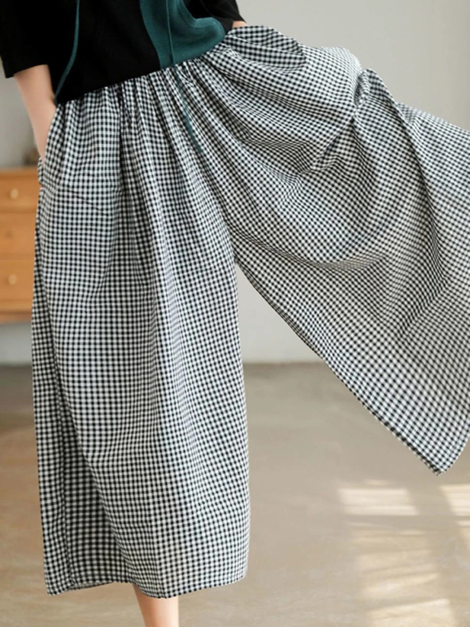 Elegant Woman Dress Plaid Pants Thin Cotton Linen Wide Leg Trousers Women Summer High Waist Baggy Jogger Pants Sweatpants 240816